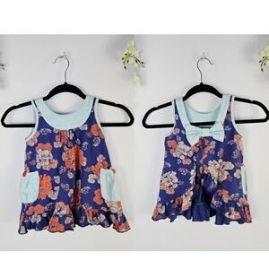 Matilda Jane Girls Tunic Top Size 4 Blue Floral Bow Ruffle Pockets Sleeveless